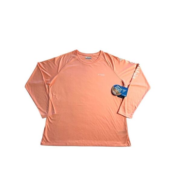 Columbia Women’s 1X PFG Tidal Tee II Solid Long Sleeve Logo Tee in Peach Pink - Picture 1 of 13